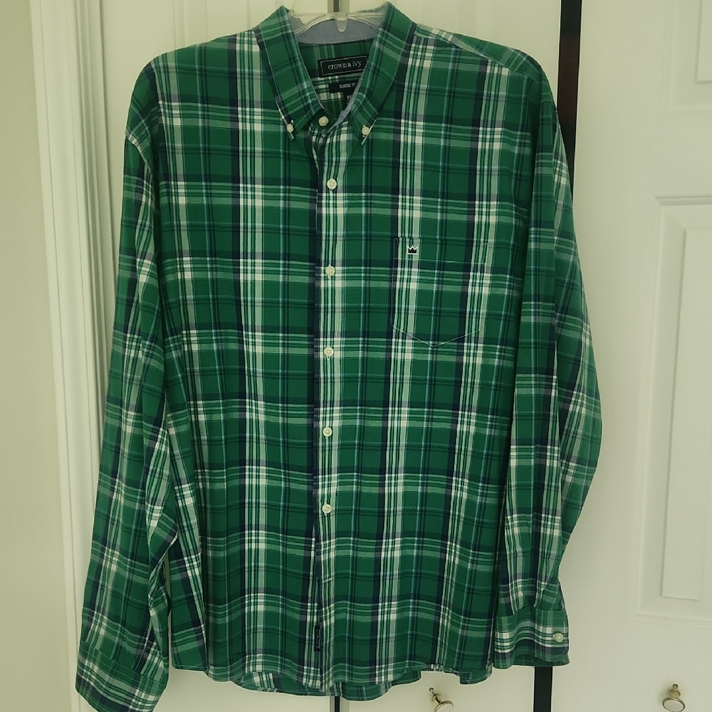 Men's Crown & Ivy Green, White and Navy Casual Button Down Shirt XXL